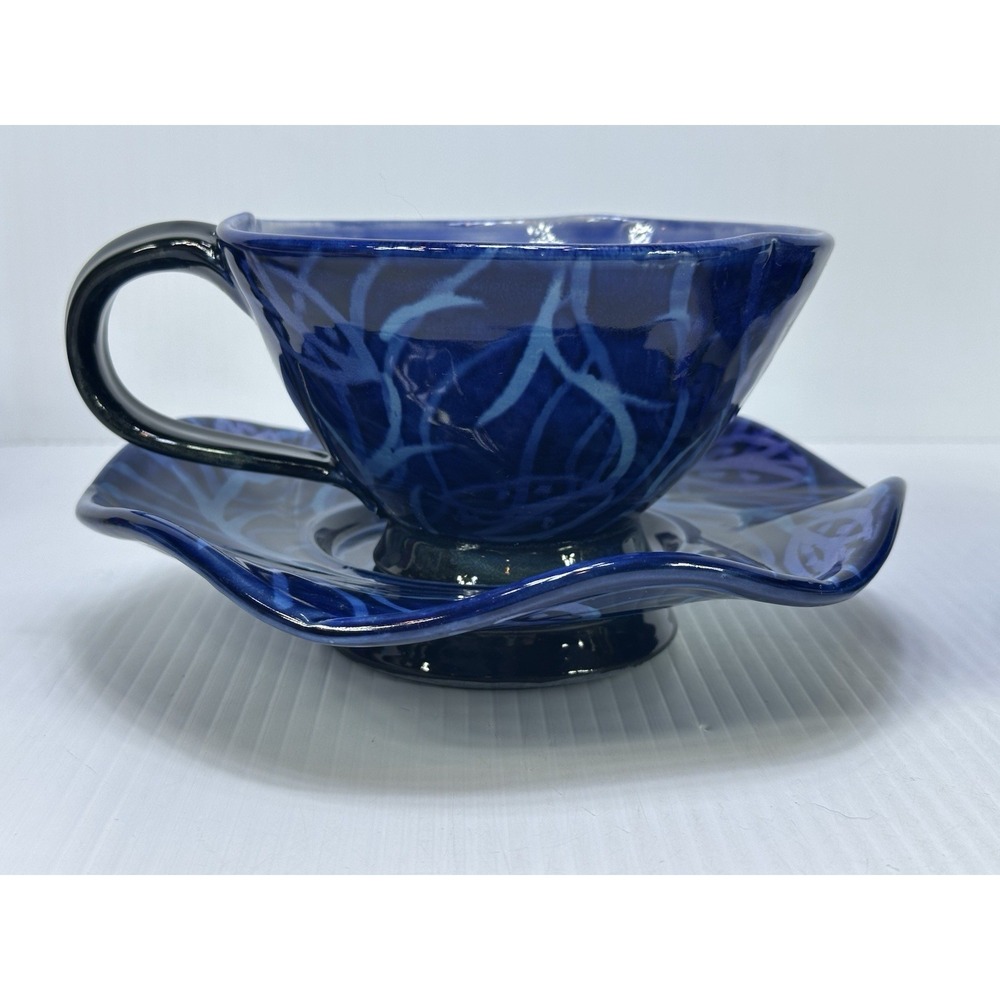 Vintage STUDIO ARTIST POTTERY Agnes Stark Handmade Hand Painted Blue Cup Saucer